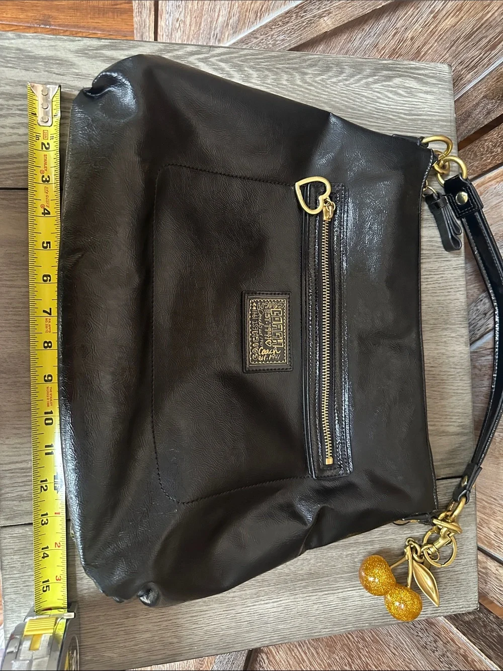 Coach Vintage Y2K Poppy Black Liquid Gloss Tote & Gold Coach Cherry Charm